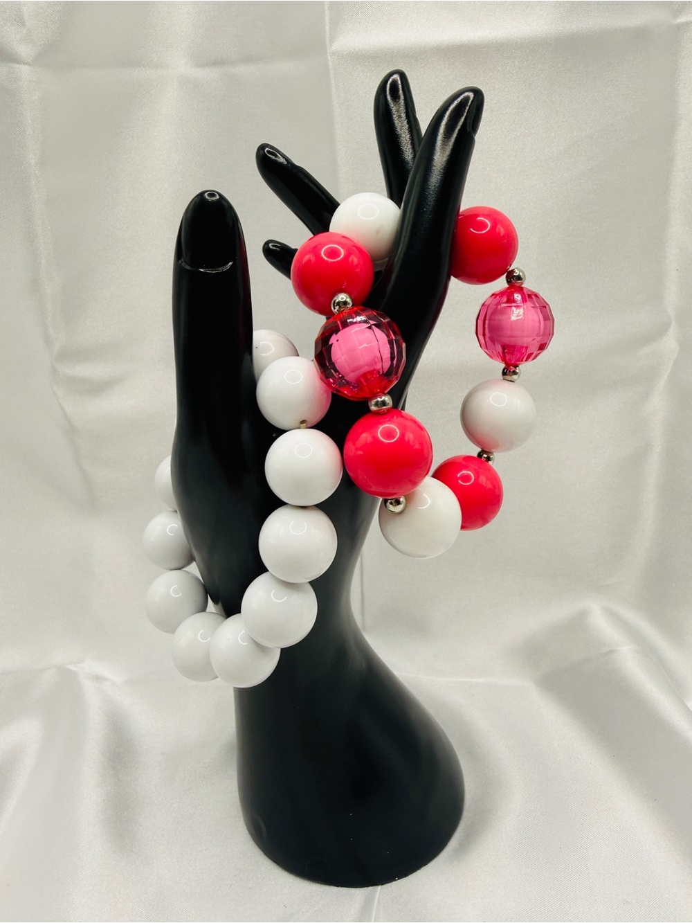Handmade Hot Pink & White Chunky Bead Bracelet Set of 2 | 7.5”
